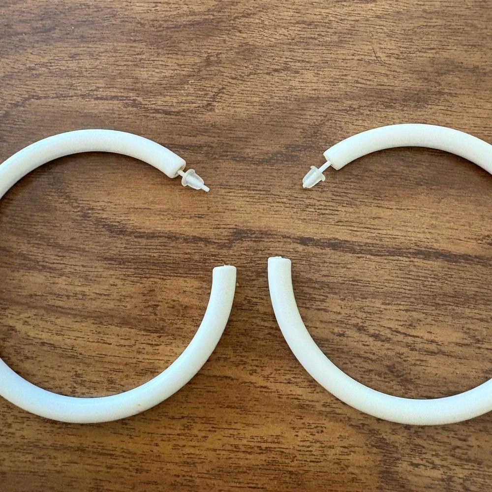 1980s Style Chunky Off White Cream‎ Large 3 Inch Tubular Hoop Earrings Post Back